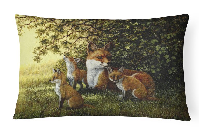 12 in x 16 in  Outdoor Throw Pillow Foxes Resitng under the Tree Canvas Fabric Decorative Pillow