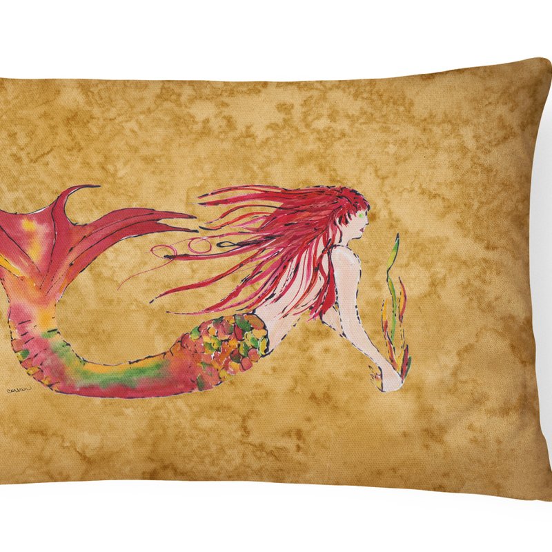 Caroline's Treasures 12 In X 16 In Outdoor Throw Pillow Ginger Red Headed Mermaid On Gold Canvas Fabric Decorative Pillow
