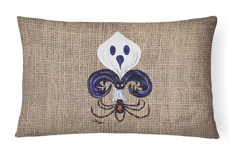 12 in x 16 in  Outdoor Throw Pillow Halloween Ghost Bat and Spider Fleur de lis on Faux Burlap Canvas Fabric Decorative Pillow