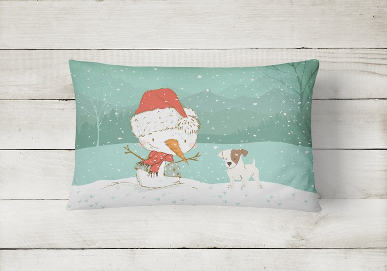 12 in x 16 in  Outdoor Throw Pillow Jack Russell Terrier Snowman Christmas Canvas Fabric Decorative Pillow