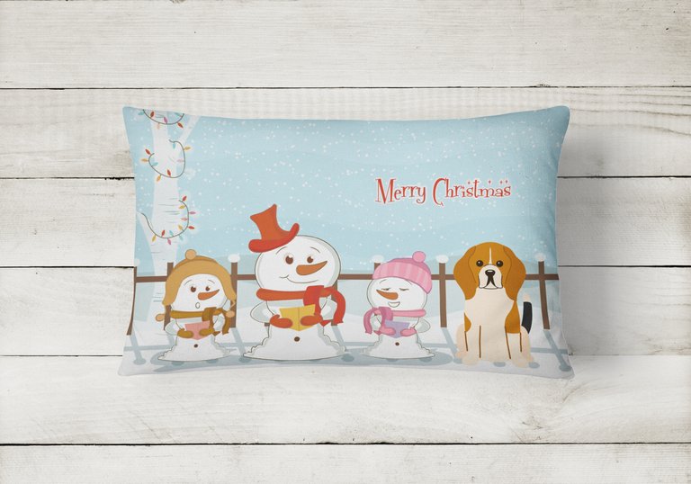 12 in x 16 in  Outdoor Throw Pillow Merry Christmas Carolers Beagle Tricolor Canvas Fabric Decorative Pillow