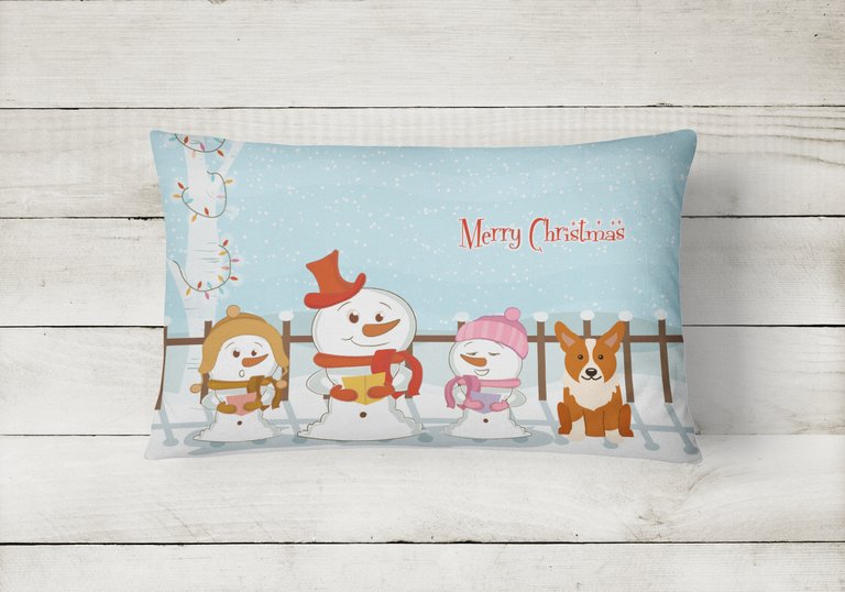 12 in x 16 in  Outdoor Throw Pillow Merry Christmas Carolers Corgi Canvas Fabric Decorative Pillow