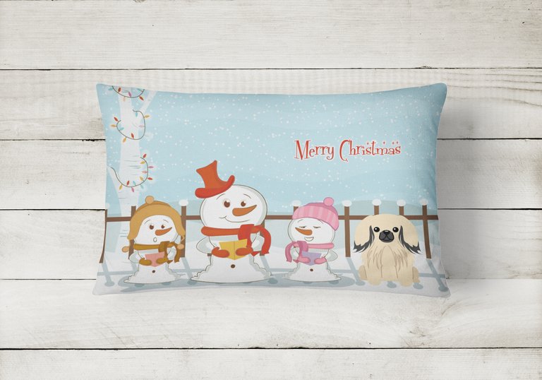 12 in x 16 in  Outdoor Throw Pillow Merry Christmas Carolers Pekingese Cream Canvas Fabric Decorative Pillow