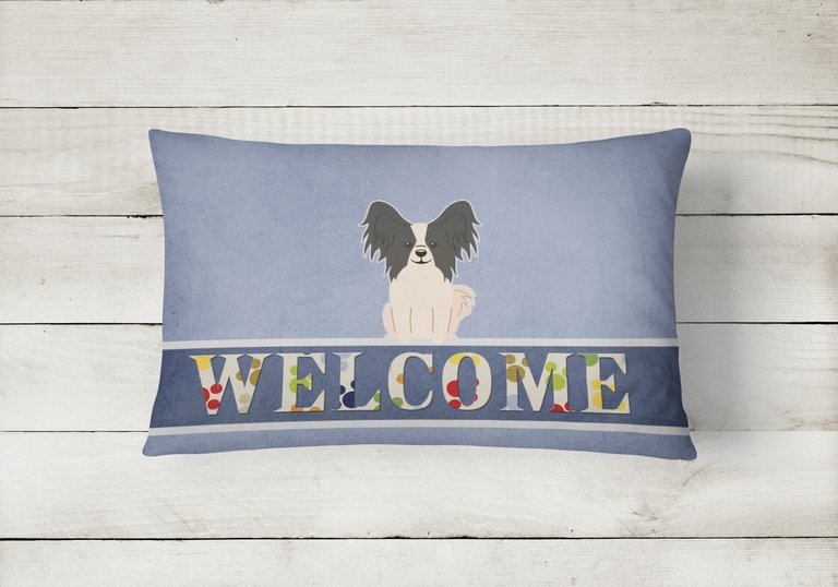 12 in x 16 in  Outdoor Throw Pillow Papillon Black White Welcome Canvas Fabric Decorative Pillow