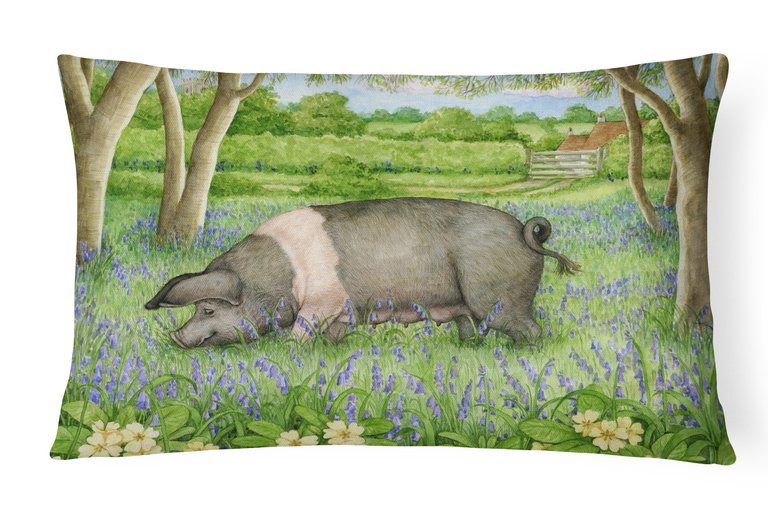 12 in x 16 in  Outdoor Throw Pillow Pig In Bluebells by Debbie Cook Canvas Fabric Decorative Pillow
