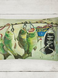 12 in x 16 in  Outdoor Throw Pillow Recession Food Fish caught with Spam Canvas Fabric Decorative Pillow