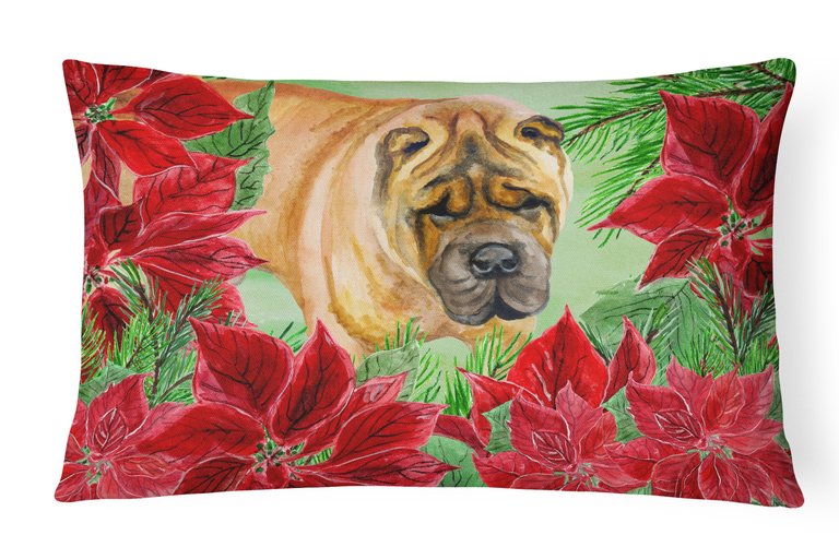 12 in x 16 in  Outdoor Throw Pillow Shar Pei Poinsettas Canvas Fabric Decorative Pillow