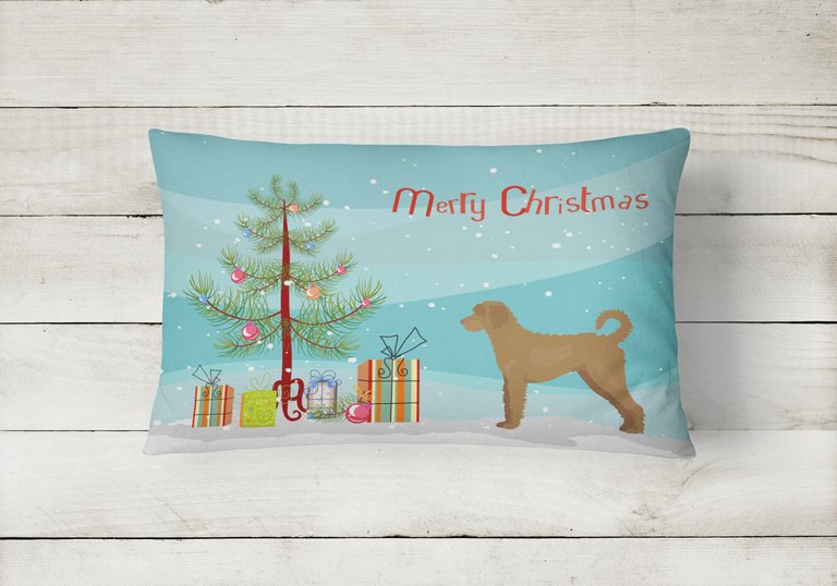 12 in x 16 in  Outdoor Throw Pillow Tan Labradoodle Christmas Tree Canvas Fabric Decorative Pillow