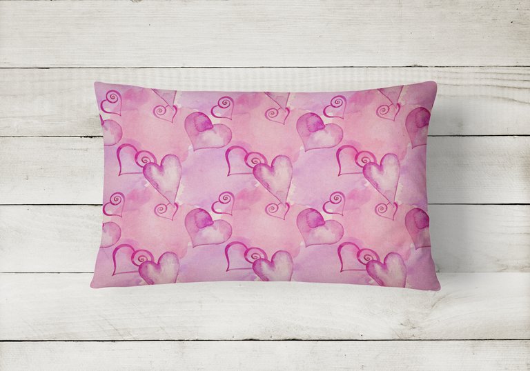 12 in x 16 in  Outdoor Throw Pillow Watercolor Hot Pink Hearts Canvas Fabric Decorative Pillow