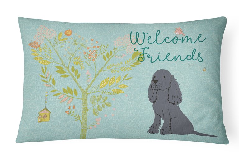 12 in x 16 in  Outdoor Throw Pillow Welcome Friends Black Cocker Spaniel Canvas Fabric Decorative Pillow