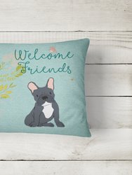 12 in x 16 in  Outdoor Throw Pillow Welcome Friends Black French Bulldog Canvas Fabric Decorative Pillow