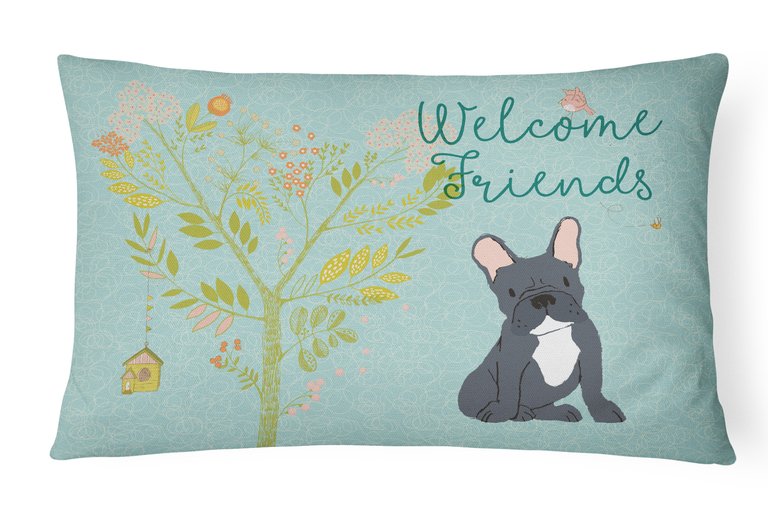 12 in x 16 in  Outdoor Throw Pillow Welcome Friends Black French Bulldog Canvas Fabric Decorative Pillow