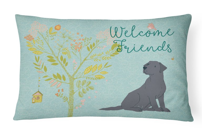 12 in x 16 in  Outdoor Throw Pillow Welcome Friends Black Labrador Retriever Canvas Fabric Decorative Pillow