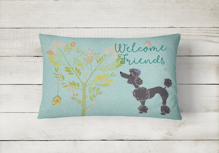 12 in x 16 in  Outdoor Throw Pillow Welcome Friends Black Poodle Canvas Fabric Decorative Pillow