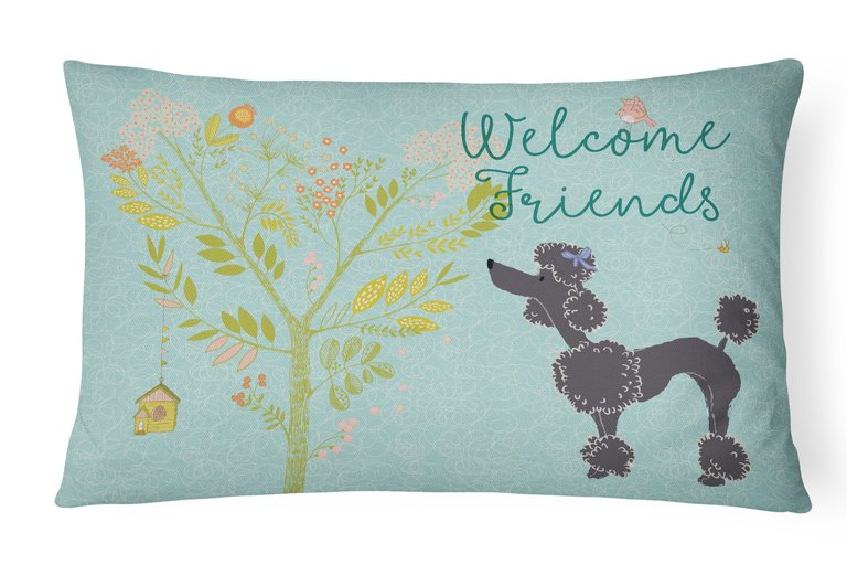 12 in x 16 in  Outdoor Throw Pillow Welcome Friends Black Poodle Canvas Fabric Decorative Pillow