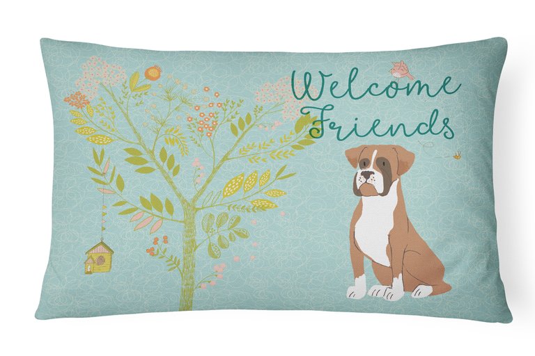 12 in x 16 in  Outdoor Throw Pillow Welcome Friends Flashy Fawn Boxer Canvas Fabric Decorative Pillow