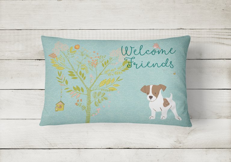 12 in x 16 in  Outdoor Throw Pillow Welcome Friends Jack Russell Terrier Puppy Canvas Fabric Decorative Pillow