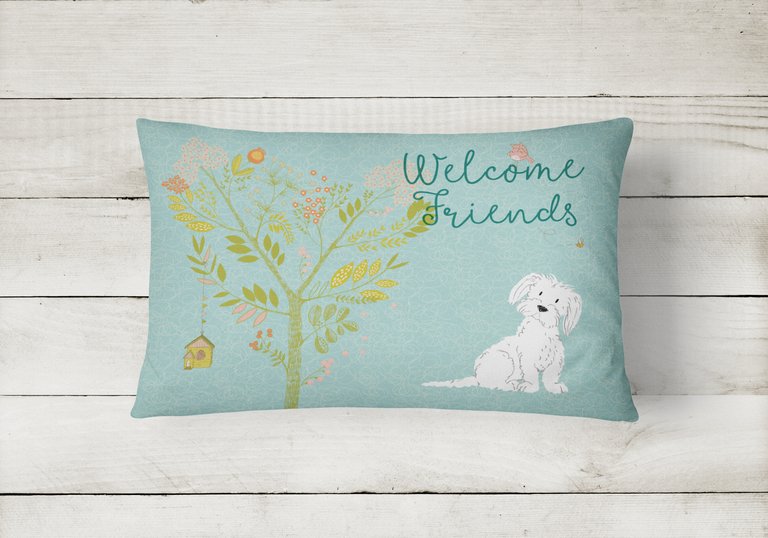 12 in x 16 in  Outdoor Throw Pillow Welcome Friends Maltese Canvas Fabric Decorative Pillow