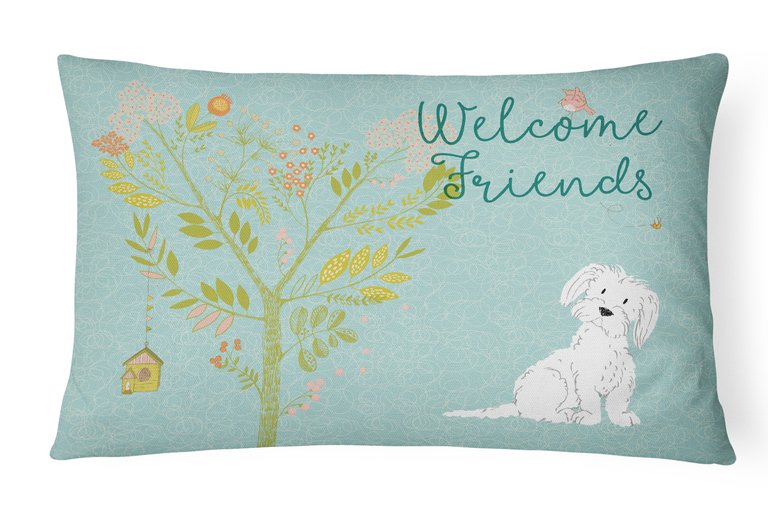 12 in x 16 in  Outdoor Throw Pillow Welcome Friends Maltese Canvas Fabric Decorative Pillow