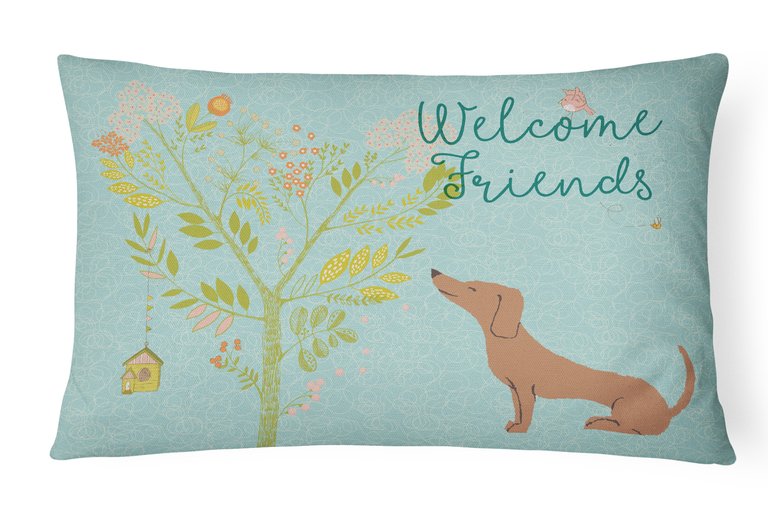 12 in x 16 in  Outdoor Throw Pillow Welcome Friends Red Dachshund Canvas Fabric Decorative Pillow