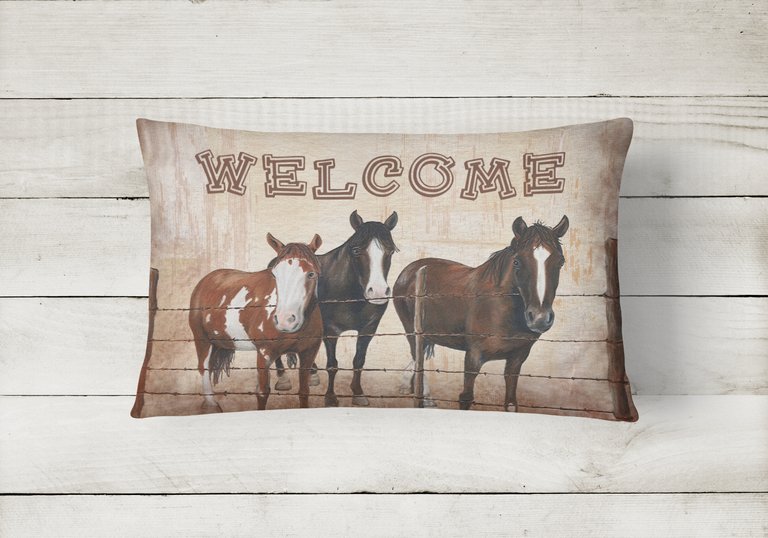 12 in x 16 in  Outdoor Throw Pillow Welcome Mat with Horses Canvas Fabric Decorative Pillow