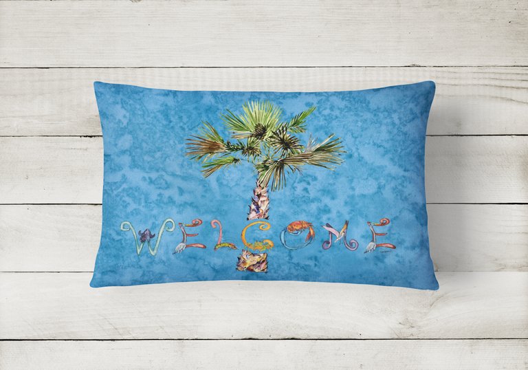 12 in x 16 in  Outdoor Throw Pillow Welcome Palm Tree on Blue Canvas Fabric Decorative Pillow