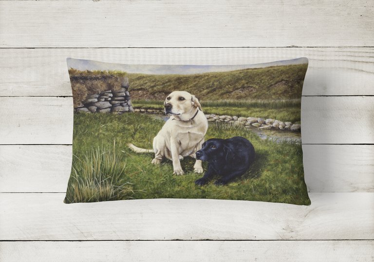 12 in x 16 in  Outdoor Throw Pillow Yellow and Black Labradors Canvas Fabric Decorative Pillow