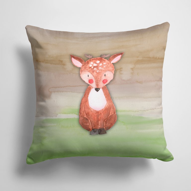 14 in x 14 in Outdoor Throw PillowBaby Deer Watercolor Fabric Decorative Pillow