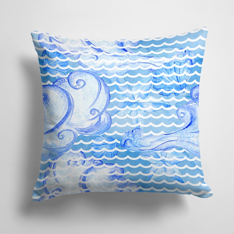 14 in x 14 in Outdoor Throw PillowBeach Watercolor Abstract Waves Fabric Decorative Pillow