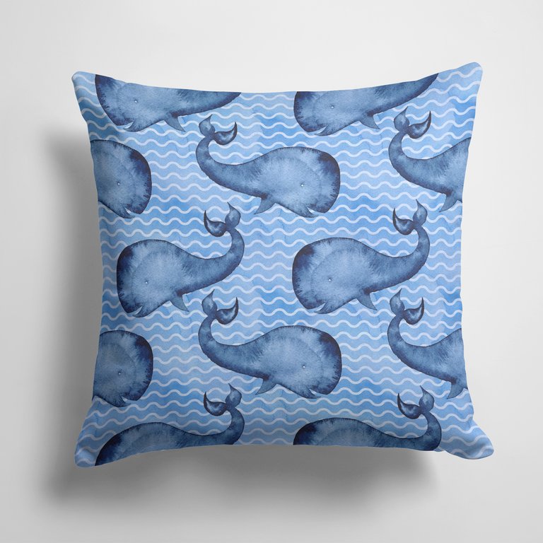 14 in x 14 in Outdoor Throw PillowBeach Watercolor Whales Fabric Decorative Pillow