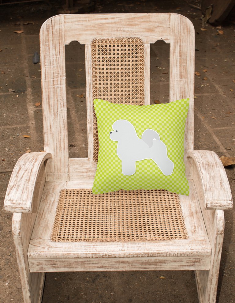 14 in x 14 in Outdoor Throw PillowBichon Frise Checkerboard Green Fabric Decorative Pillow