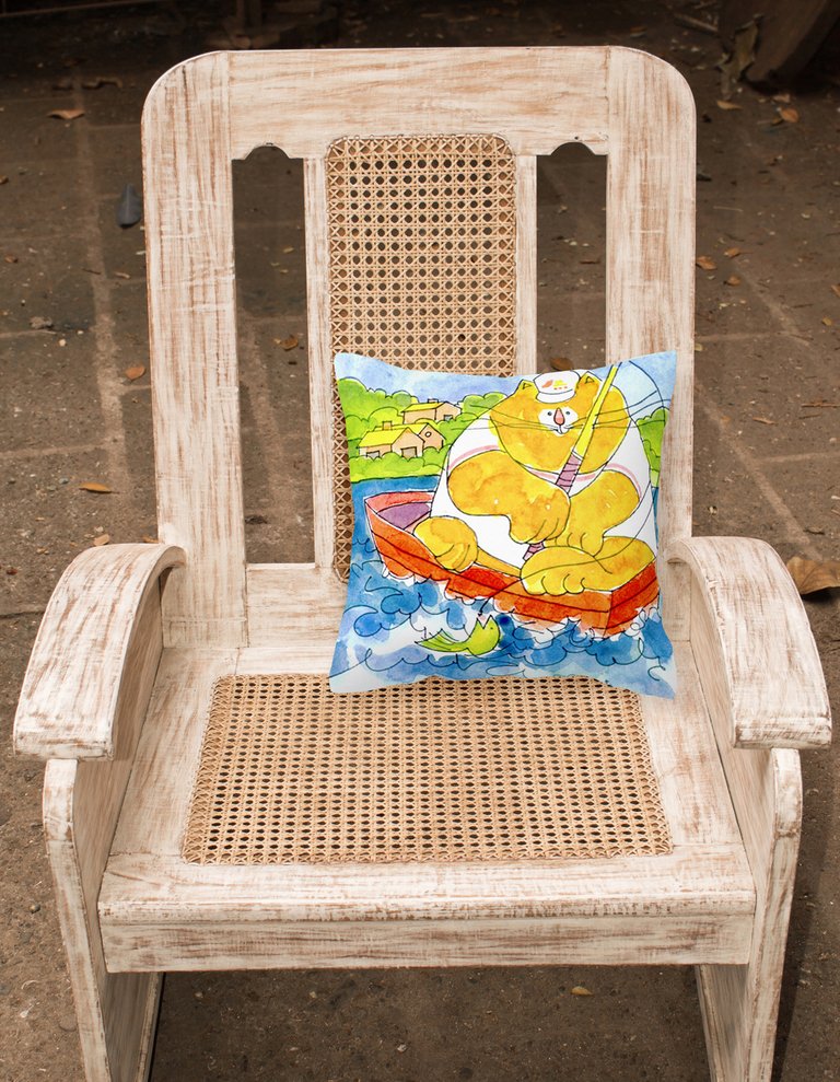 14 in x 14 in Outdoor Throw PillowBig Orange Cat Fishing Fabric Decorative Pillow
