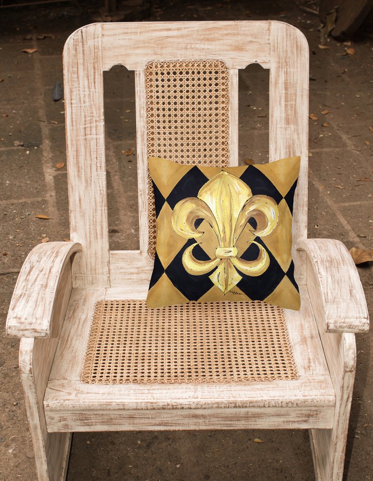 14 in x 14 in Outdoor Throw PillowBlack and Gold Fleur de lis New Orleans Fabric Decorative Pillow