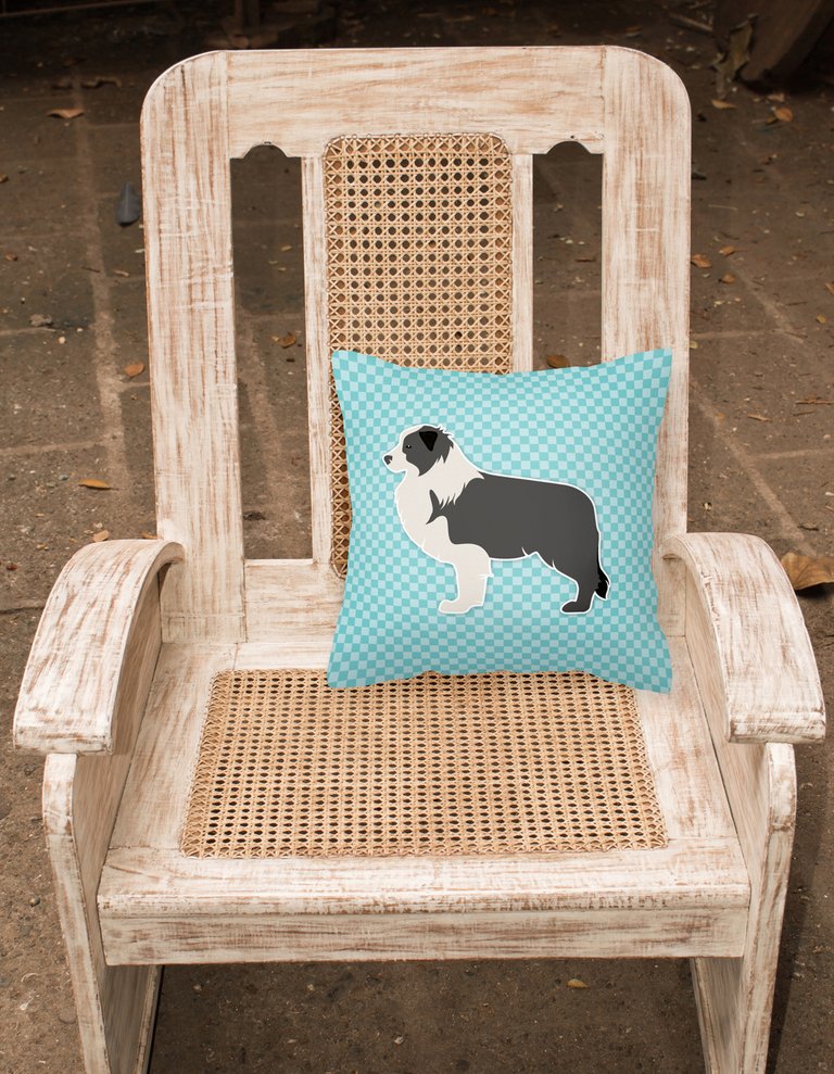 14 in x 14 in Outdoor Throw PillowBlack Border Collie Checkerboard Blue Fabric Decorative Pillow