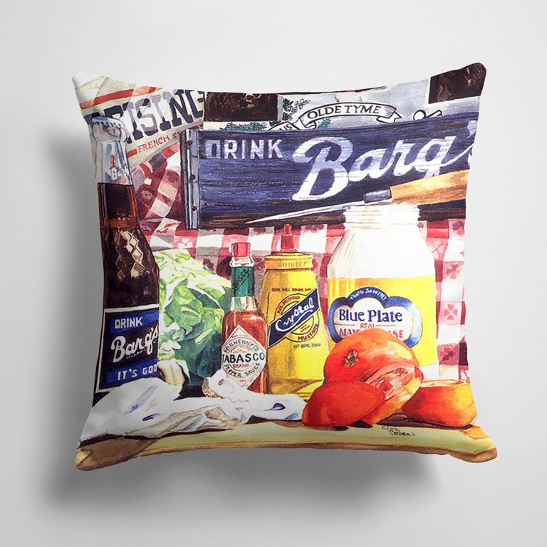 14 in x 14 in Outdoor Throw PillowBlue Plate Mayonaise, Barq's and a tomato sandwich Fabric Decorative Pillow