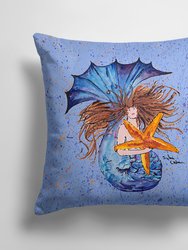 14 in x 14 in Outdoor Throw PillowBrown Headed Mermaid on Blue Fabric Decorative Pillow