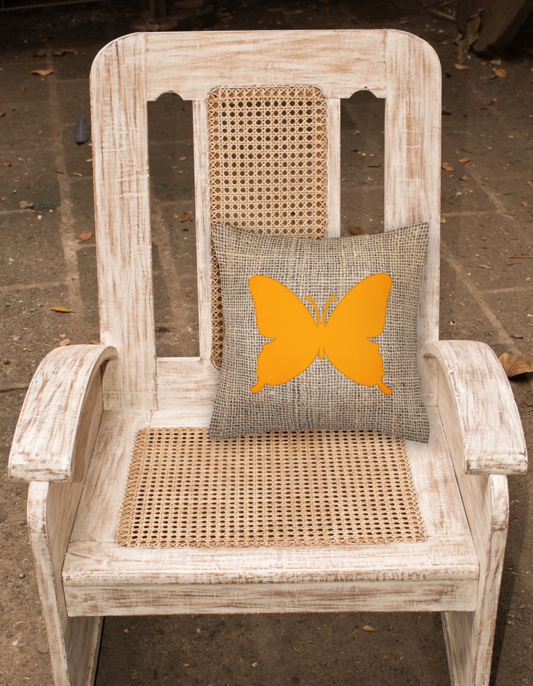 14 in x 14 in Outdoor Throw PillowButterfly Burlap and Orange BB1046 Fabric Decorative Pillow