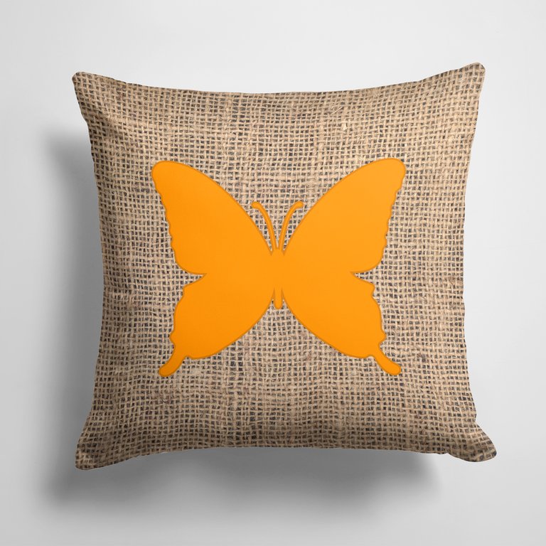 14 in x 14 in Outdoor Throw PillowButterfly Burlap and Orange BB1046 Fabric Decorative Pillow