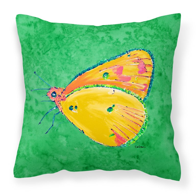 14 in x 14 in Outdoor Throw PillowButterfly Orange on Green Fabric Decorative Pillow