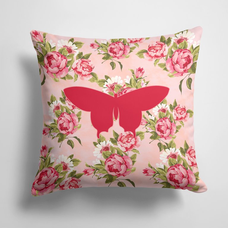 14 in x 14 in Outdoor Throw PillowButterfly Shabby Chic Pink Roses  Fabric Decorative Pillow