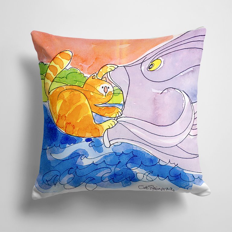 14 in x 14 in Outdoor Throw PillowCat and the Big Fish Fabric Decorative Pillow