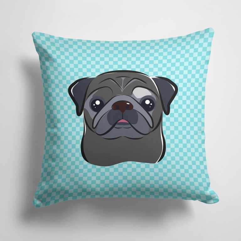 14 in x 14 in Outdoor Throw PillowCheckerboard Blue Black Pug Fabric Decorative Pillow