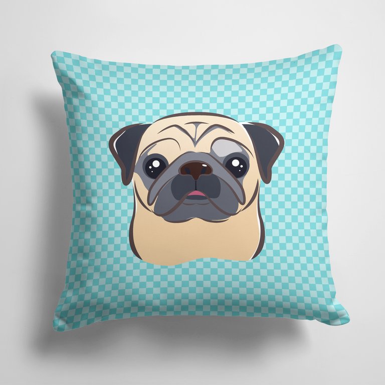 14 in x 14 in Outdoor Throw PillowCheckerboard Blue Fawn Pug Fabric Decorative Pillow