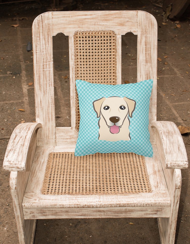 14 in x 14 in Outdoor Throw PillowCheckerboard Blue Golden Retriever Fabric Decorative Pillow