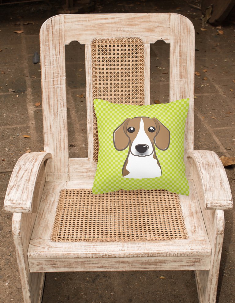 14 in x 14 in Outdoor Throw PillowCheckerboard Lime Green Beagle Fabric Decorative Pillow