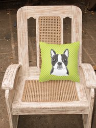 14 in x 14 in Outdoor Throw PillowCheckerboard Lime Green Boston Terrier Fabric Decorative Pillow