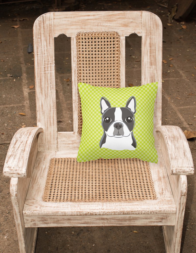14 in x 14 in Outdoor Throw PillowCheckerboard Lime Green Boston Terrier Fabric Decorative Pillow