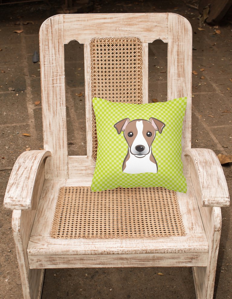 14 in x 14 in Outdoor Throw PillowCheckerboard Lime Green Jack Russell Terrier Fabric Decorative Pillow