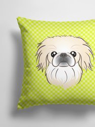14 in x 14 in Outdoor Throw PillowCheckerboard Lime Green Pekingese Fabric Decorative Pillow