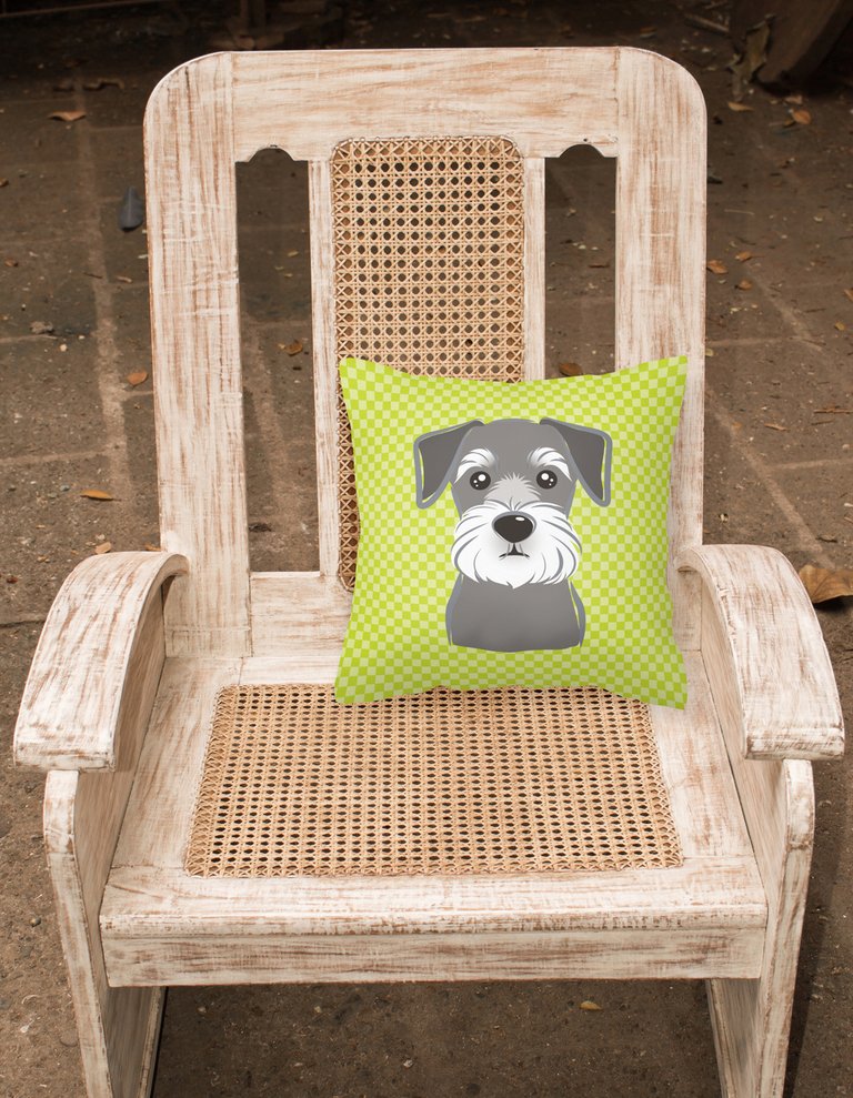 14 in x 14 in Outdoor Throw PillowCheckerboard Lime Green Schnauzer Fabric Decorative Pillow